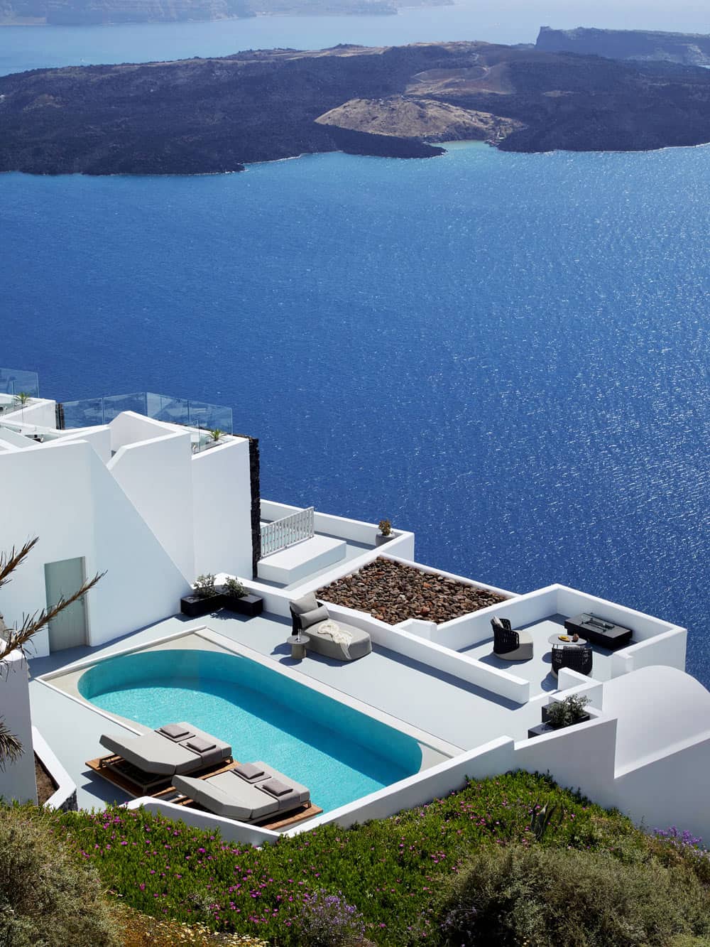 A suite's private pool, with a sea view, at the Grace Hotel (Auberge Collection) on Santorini
