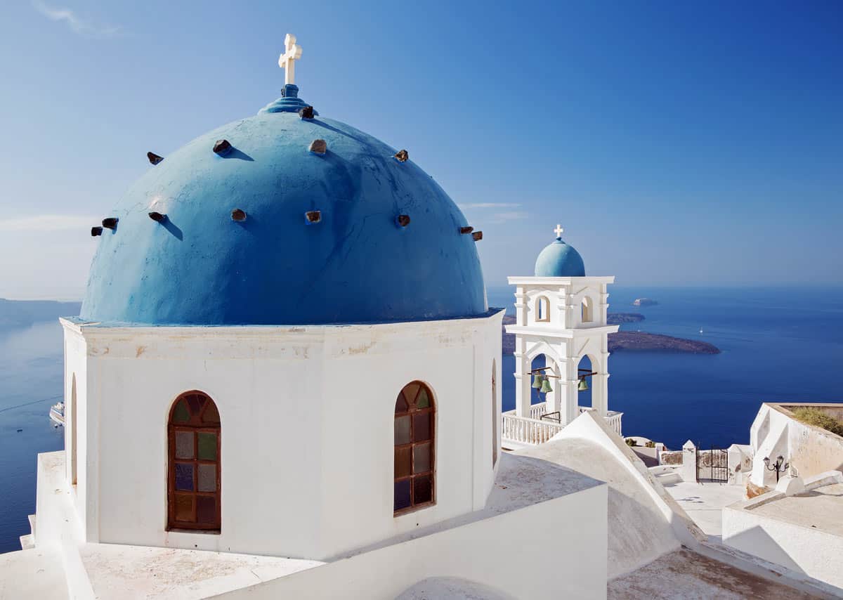 Blue-domed Anastasi Church in Imerovigli village, Santorini