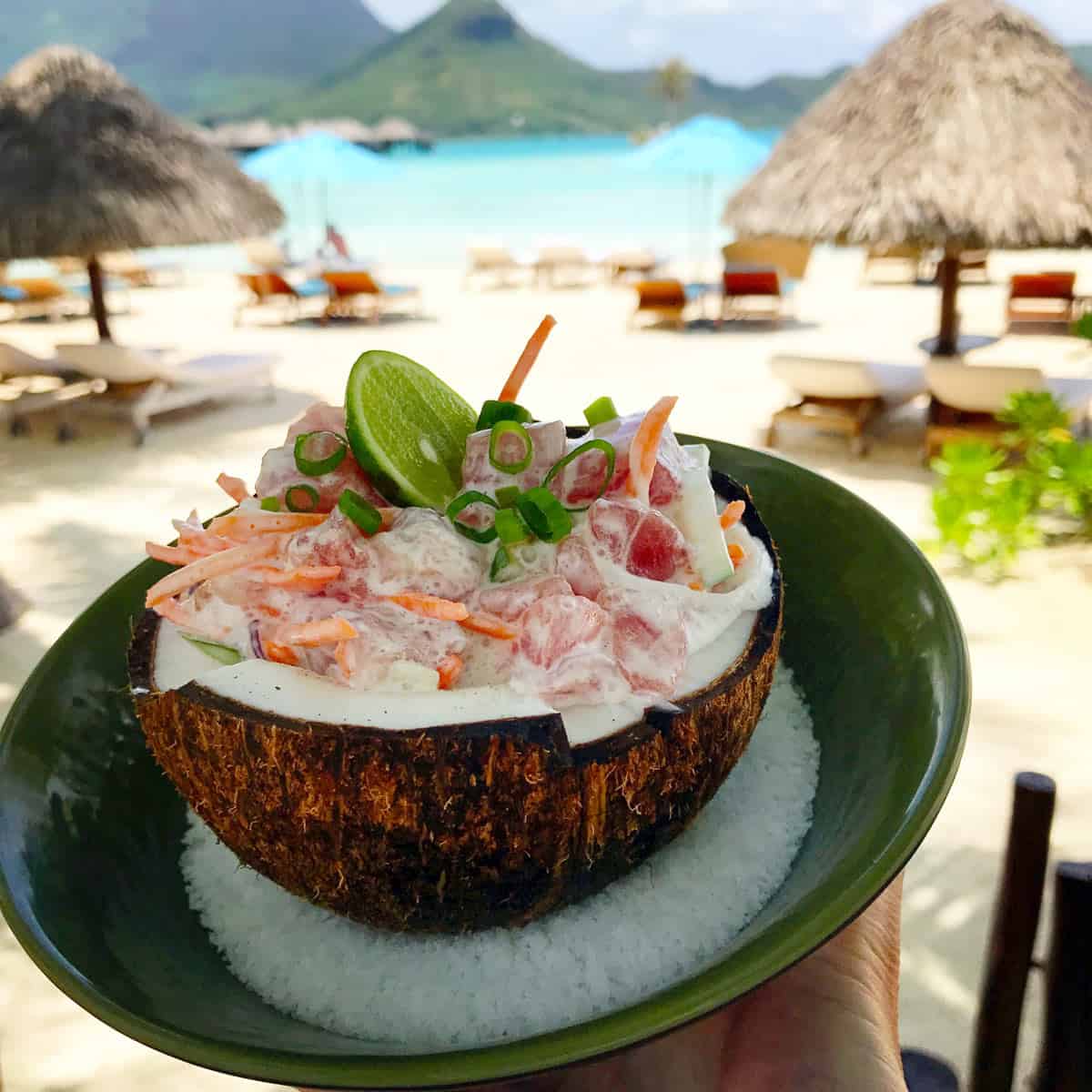Coconut shell with poisson cru, the national dish of French Polynesia