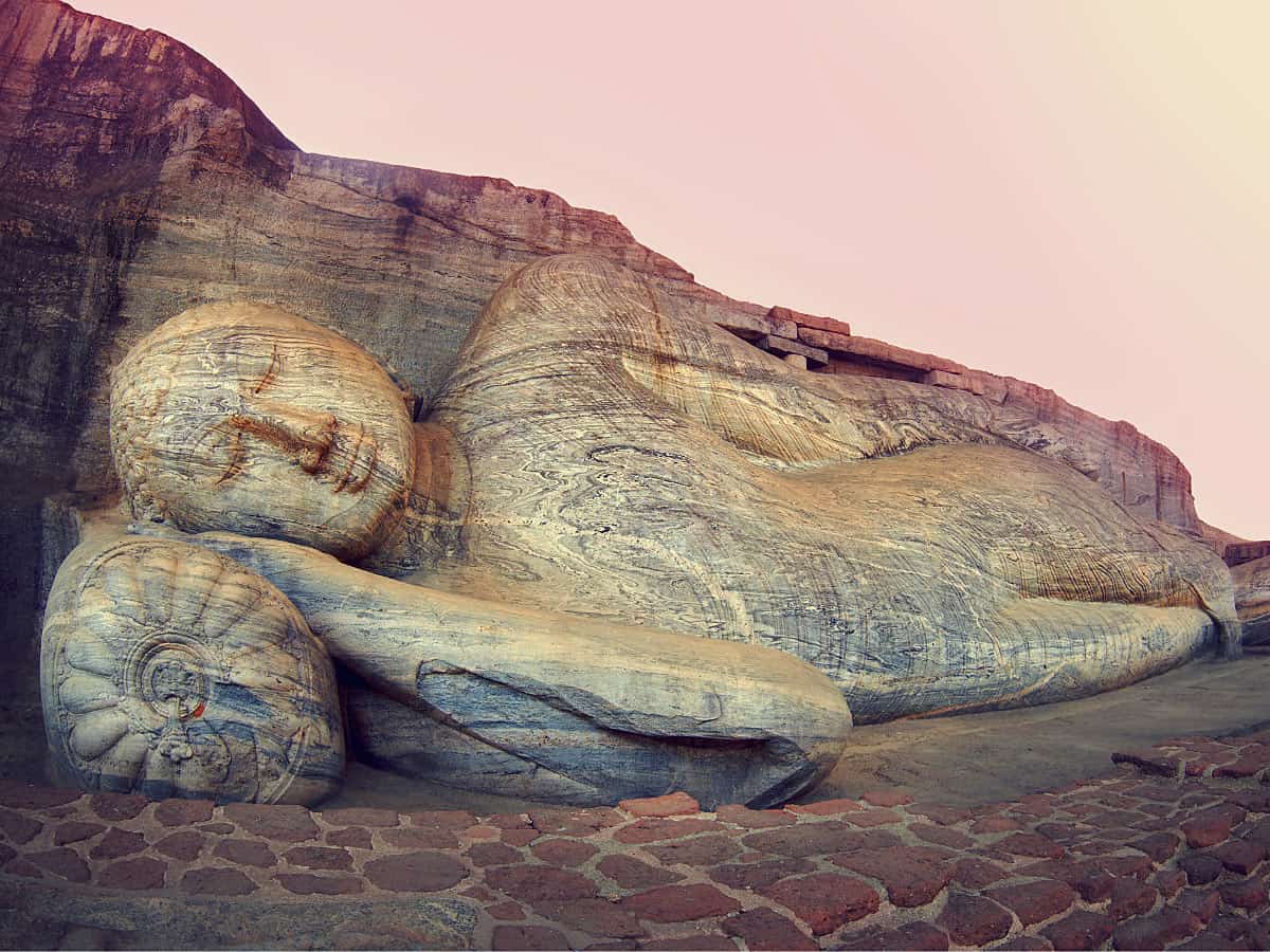 Beautiful 46-foot long reclining Buddha, carved from granite at Polonnaruwa