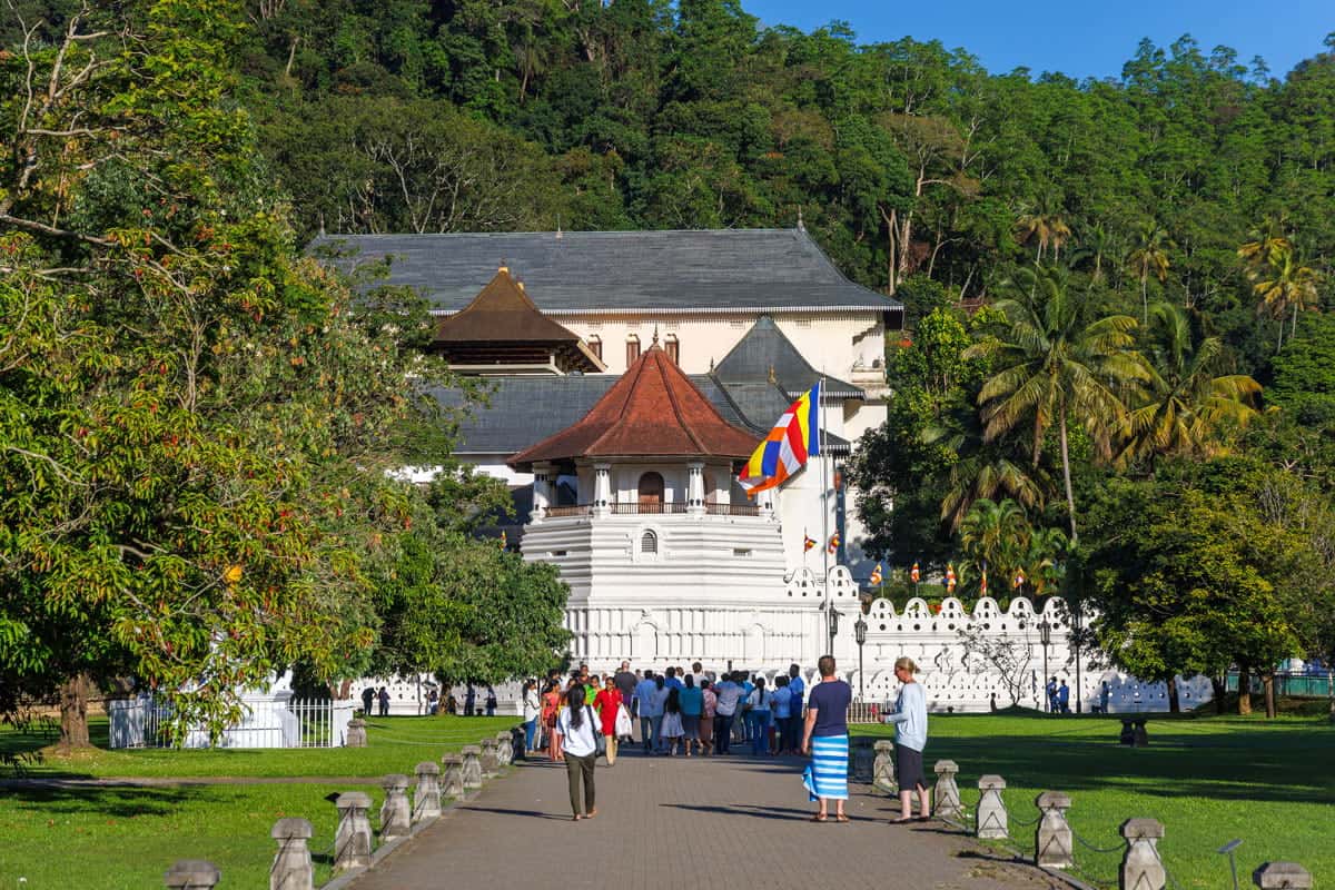 Visitors outside Kandy's Temple of the Tooth