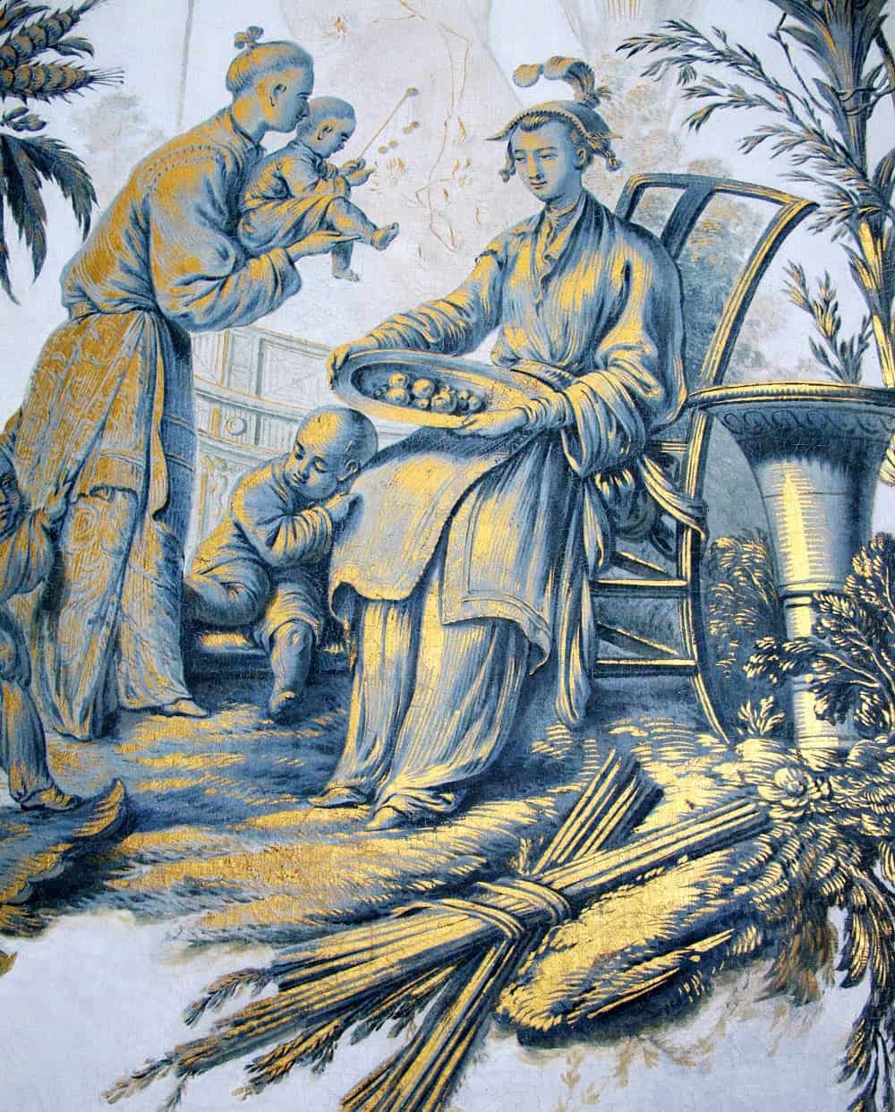 Chinese blue-and-gold silk wallpaper decorates the inside of the Chinese Pavilion at Drottningholm Palace.