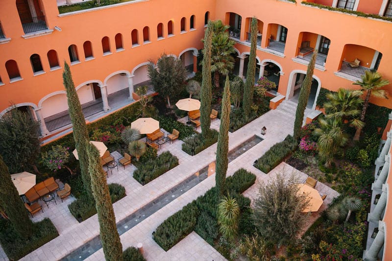 The Rosewood San Miguel has 67 rooms and suites with wood beam ceilings and authentic art works.