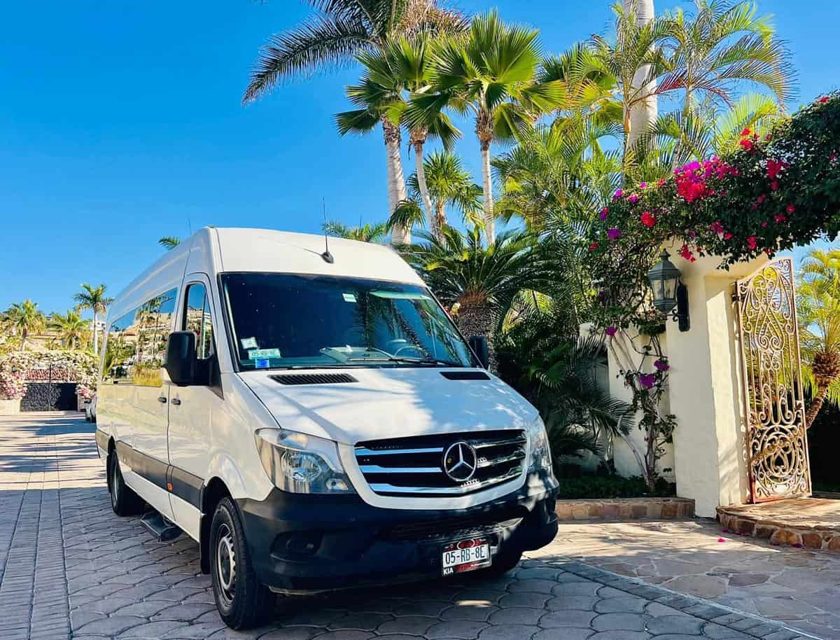 All Ways Cabo Transportation white Mercedes passenger van for private group transfers
