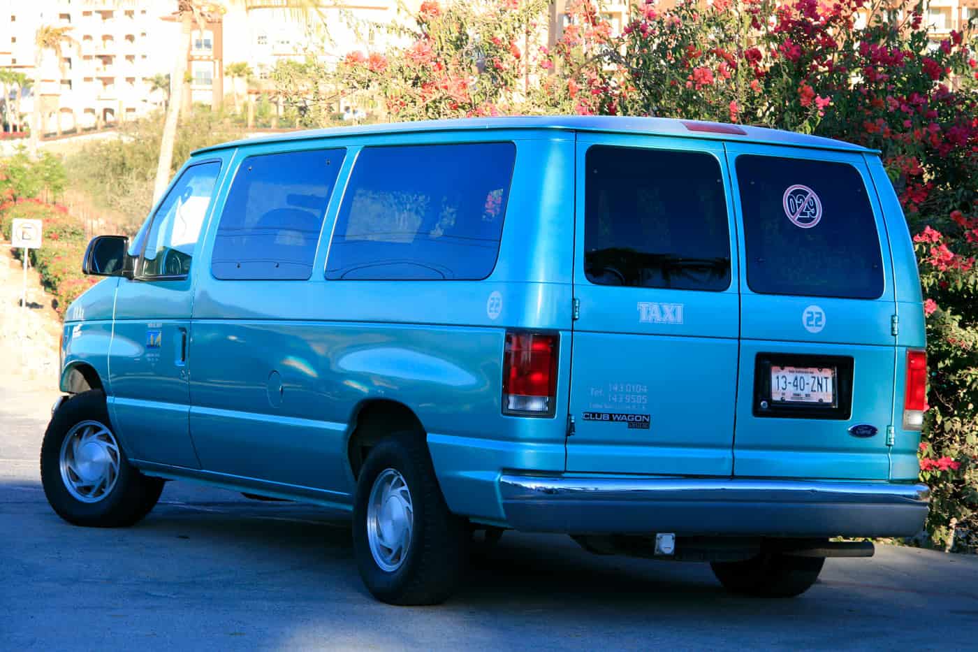 Blue taxi van in Los Cabos, Mexico