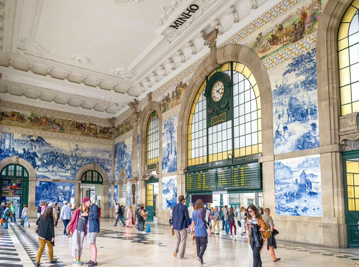 Blue-and-white azulejo tiles decorate Porto's Sao Bento train station