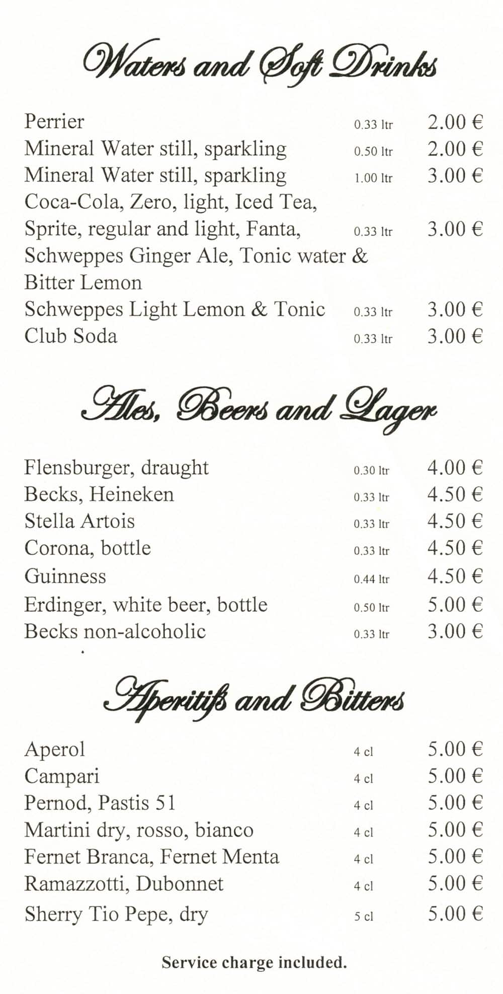 Star Clippers menu and prices for beer, soft drinks and bottled water