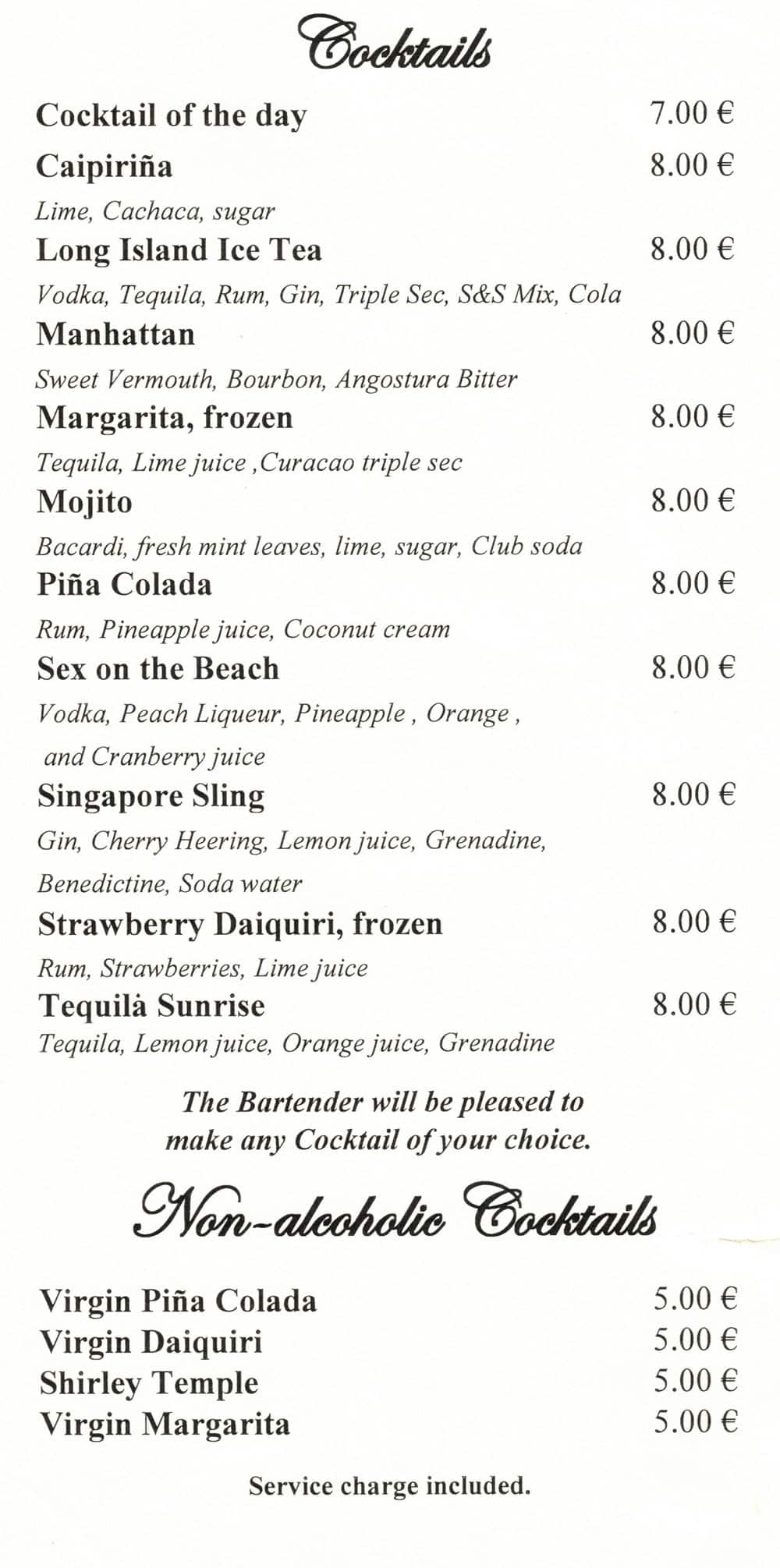 Cocktail menu on Star Clippers