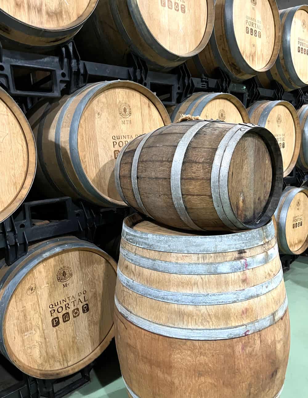 Wood barrels of port wine in a Douro Valley cellar