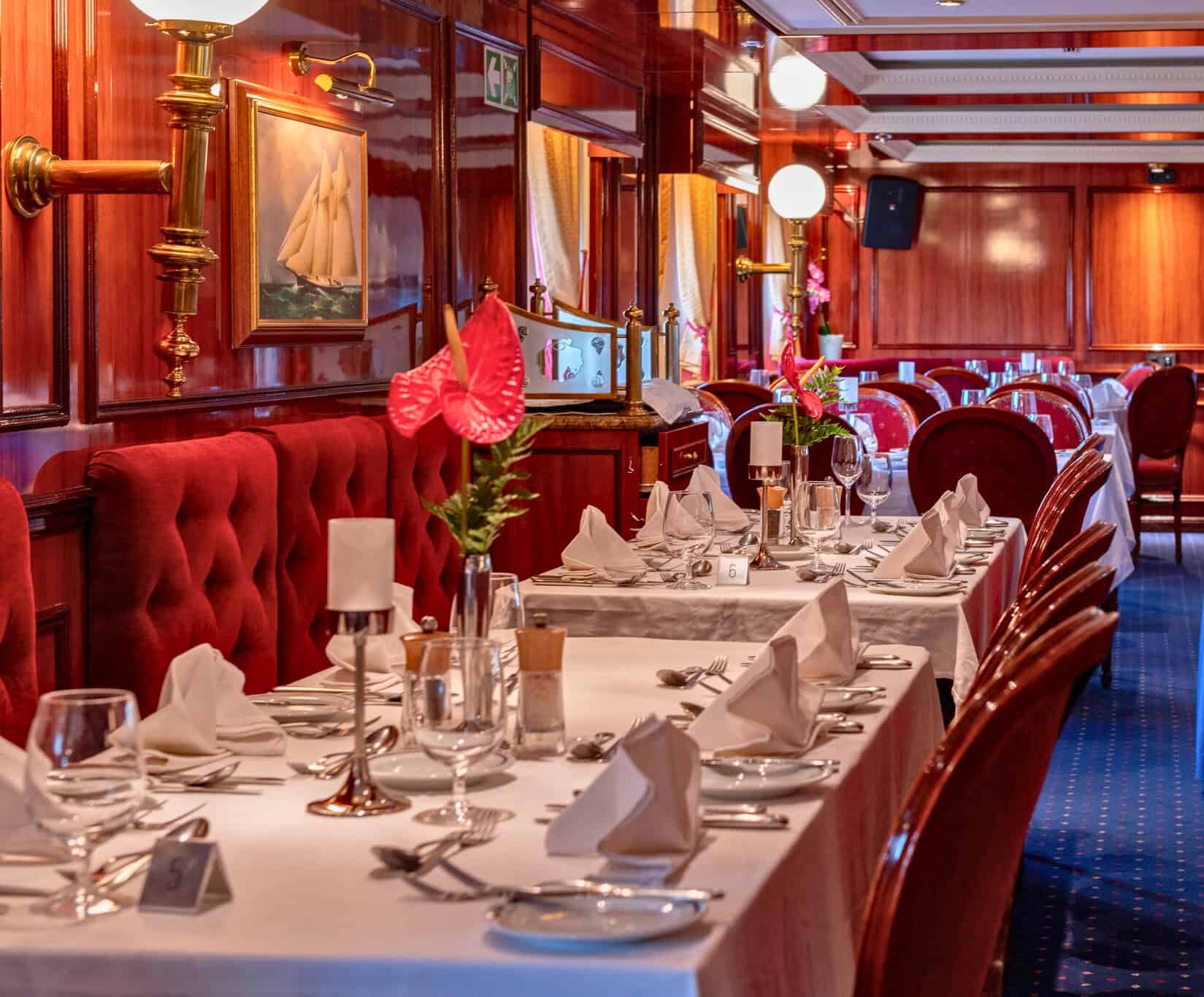 Red velvet chairs in Royal Clipper dining room