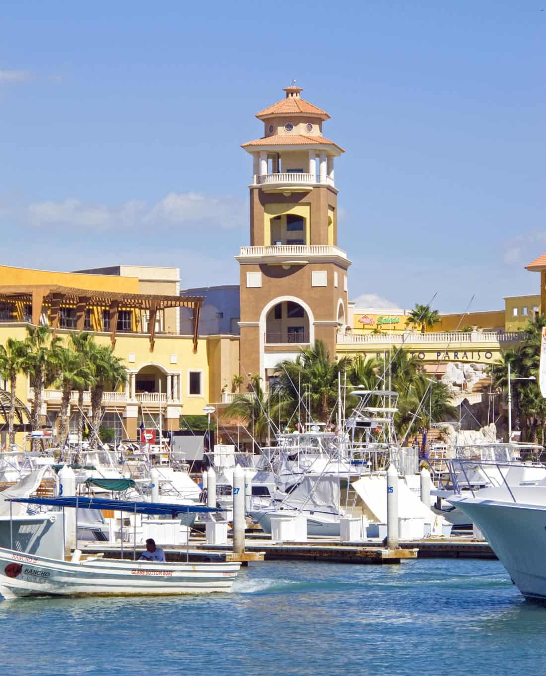 White fishing boats and luxury yachts docked at the Cabo San Lucas Marina in front of the Puerto Paraiso shopping mall