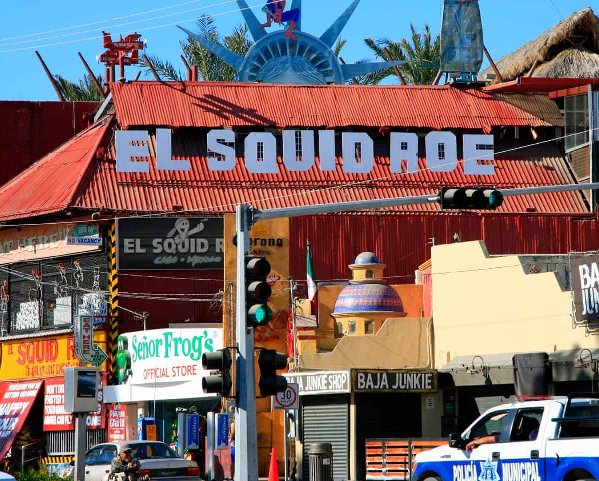 Red building of El Squid Roe in Cabo San Lucas