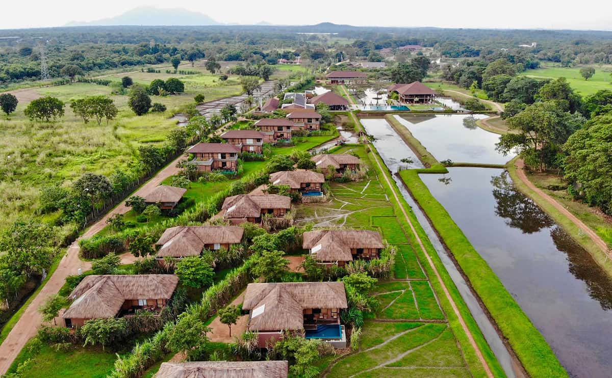 Aerial view of thatched-roof villas and waterways winding between green fields at Water Garden Sigiriya in Sri Lanka