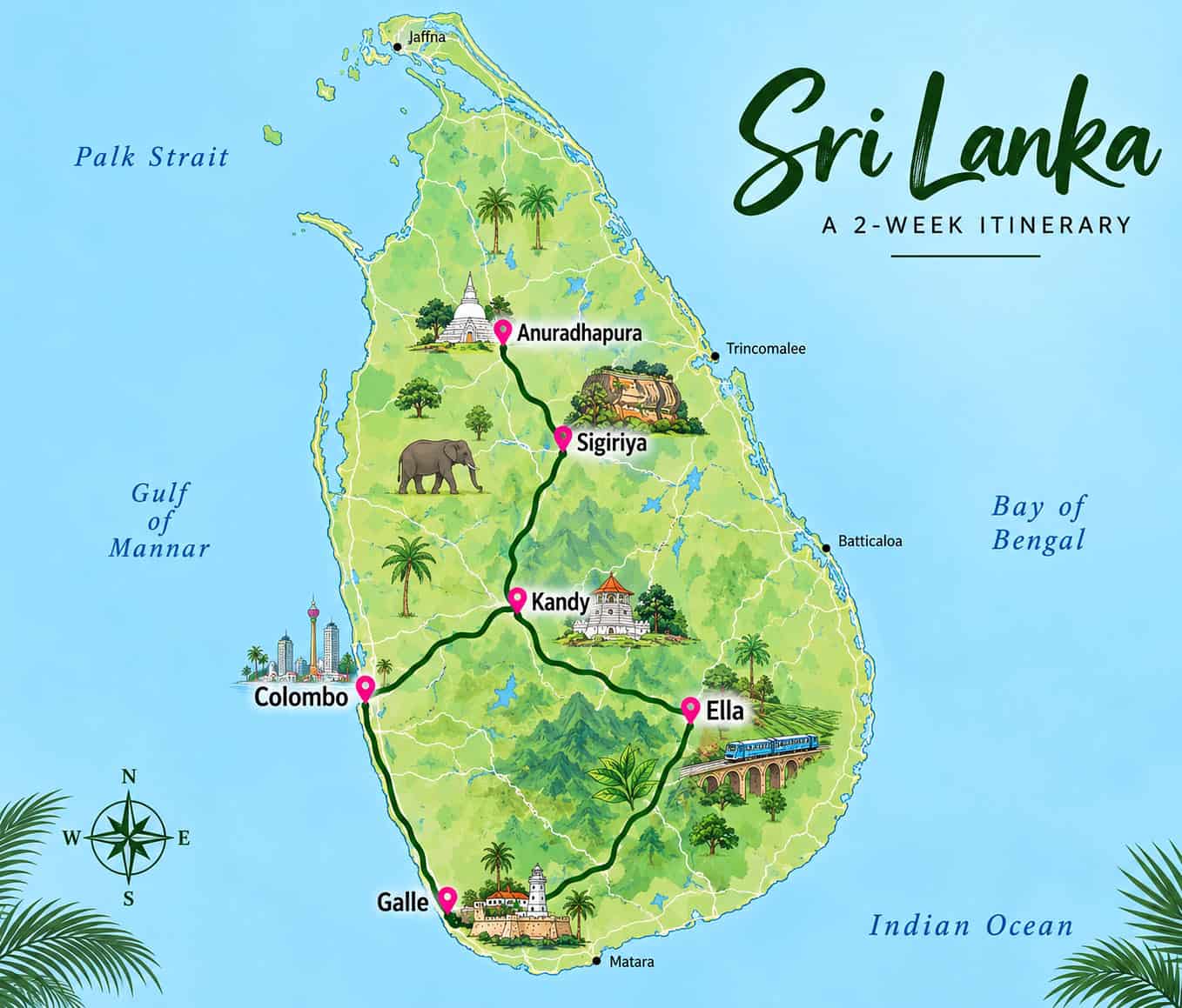 Map of a 2-week itinerary for Sri Lanka, showing Colombo, Anuradhapura, Sigiriya, Kandy, Ella and Galle