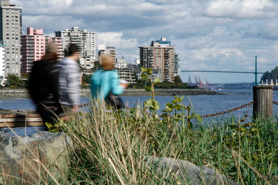 This is what walking along the West Vancouver seawall in winter looks like. See the Lions Gate Bridge in the distance?