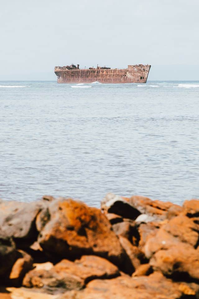 Wreck of the YOGN-42 at Shipwreck Beach, Lanai