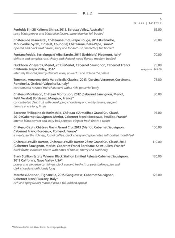 Viking Silver Spirits Package and Viking Cruise Bar Menu