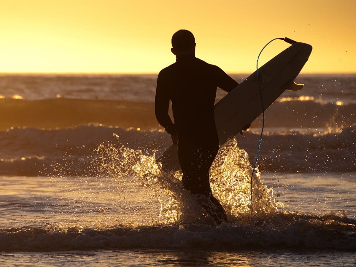 When the surf's up in Cayucos, surfers in wetsuits make their way to the water to ride the waves.