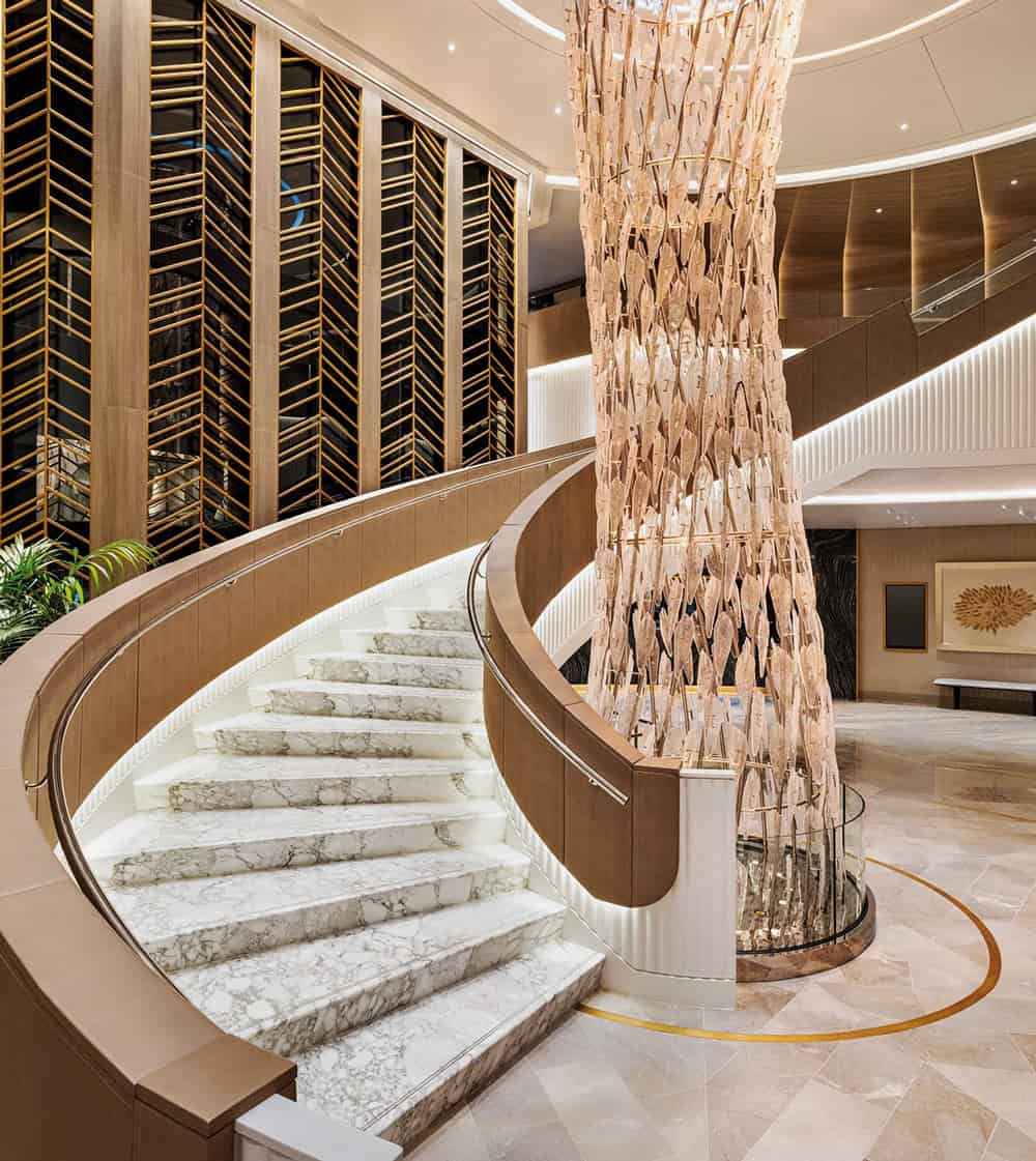 Waterfall chandelier in the atrium on Oceania Allura