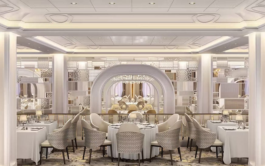 The white-and-silver Grand Dining Room on Oceania Allura