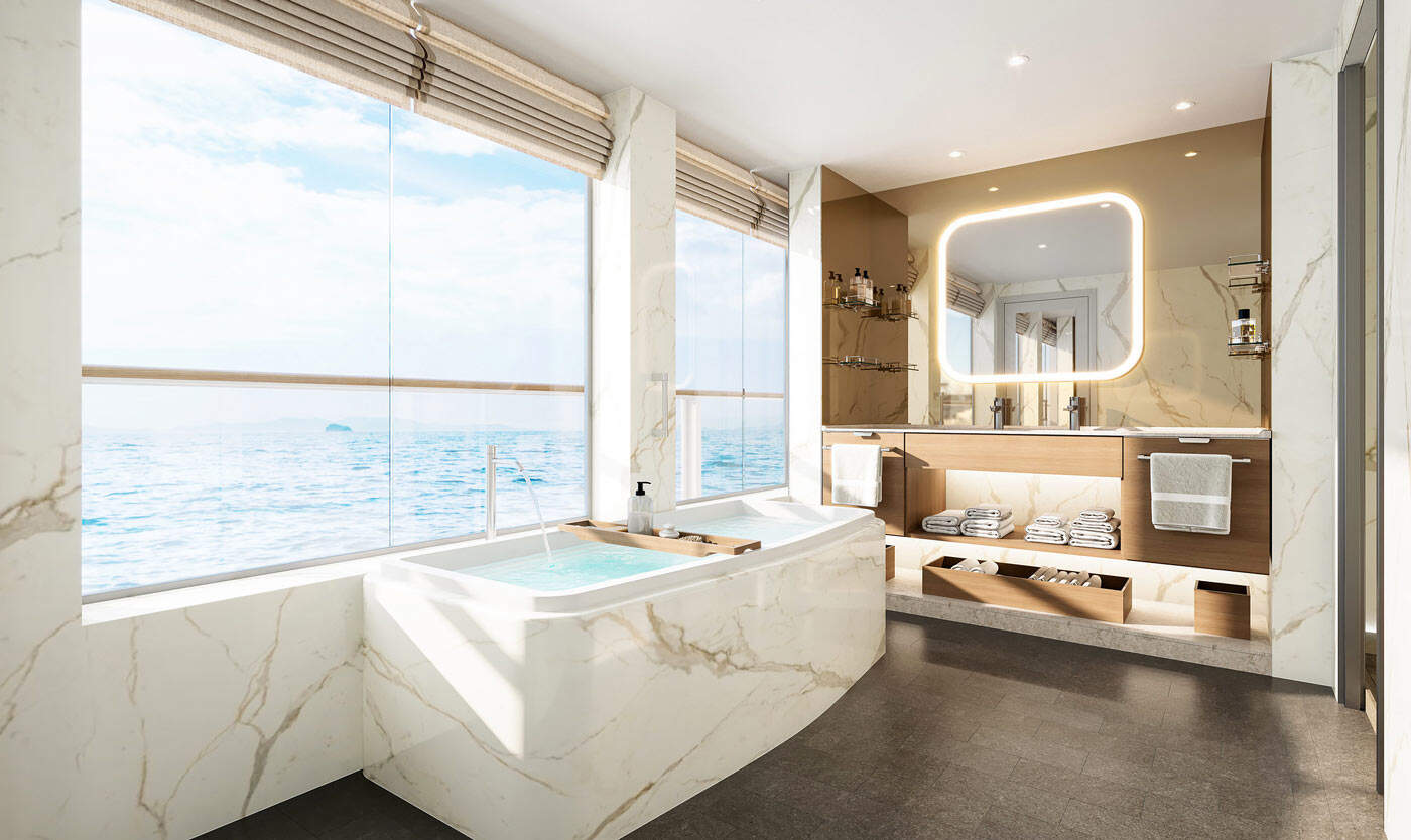 Marble bathroom in a Master Suite on the Silver Ray (tub with a sea view!)
