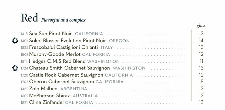List of Holland America's red wines by the glass