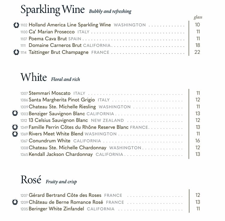 List of Holland America's sparkling, white and rose wines by the glass