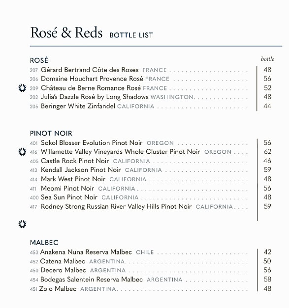 Holland America Cruise rose, pinot noir and malbec wine-by-the-bottle menu