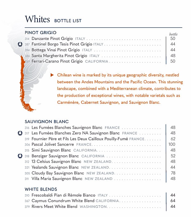 Holland America Line Pinot Grigio and Sauvignon Blanc white wine menu