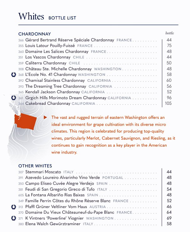 Holland America Line Chardonnay and other white wines menu