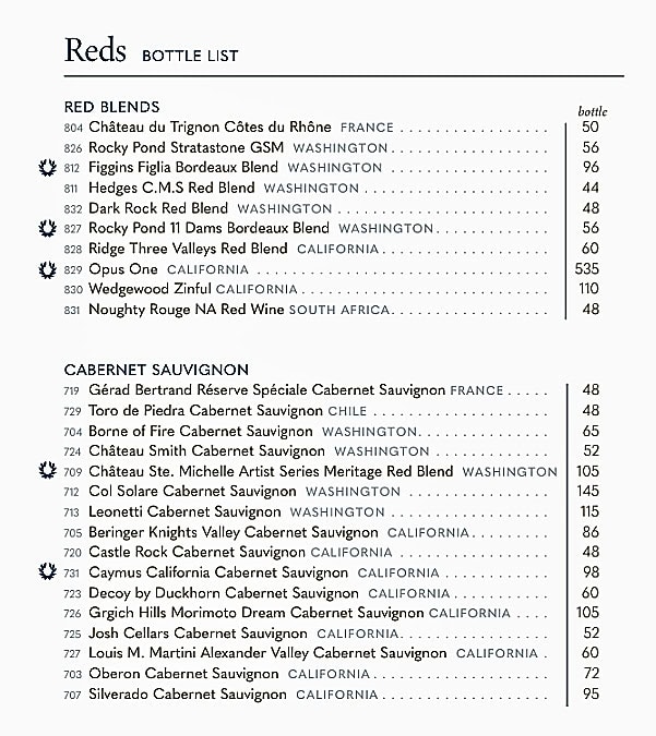Holland America Cruise red wine menu of Red Blends and Cabernet Sauvignon