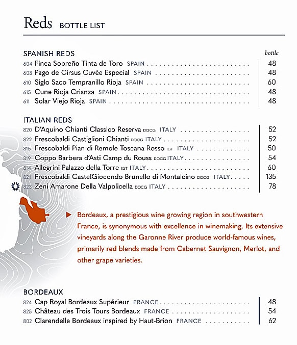 Holland America Line menu of Spanish red wines, Italian red wines and French Bordeaux wines