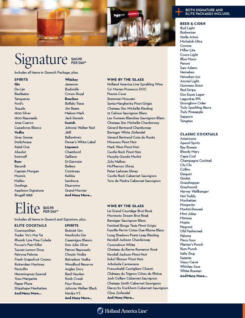 Holland America Line beverage flyer (showing package prices for purchase onboard)