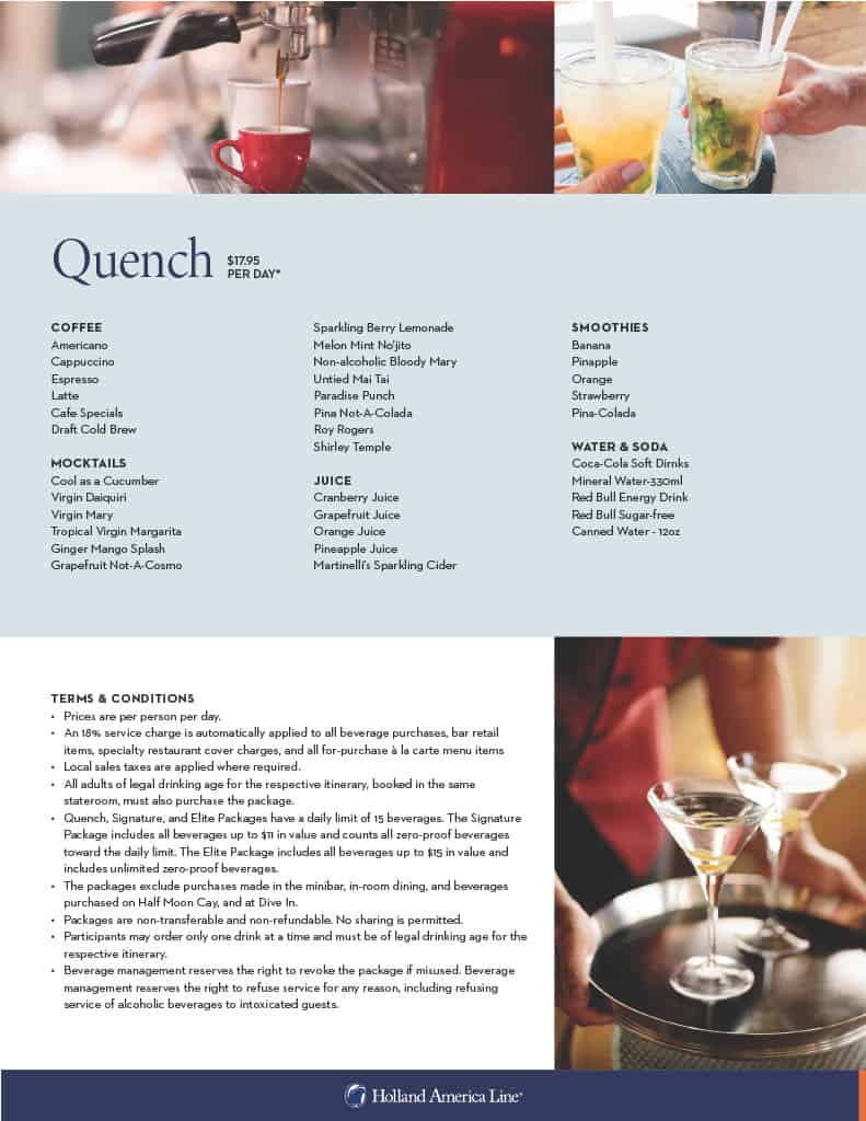 Holland America Line beverage flyer (showing package prices for purchase onboard)