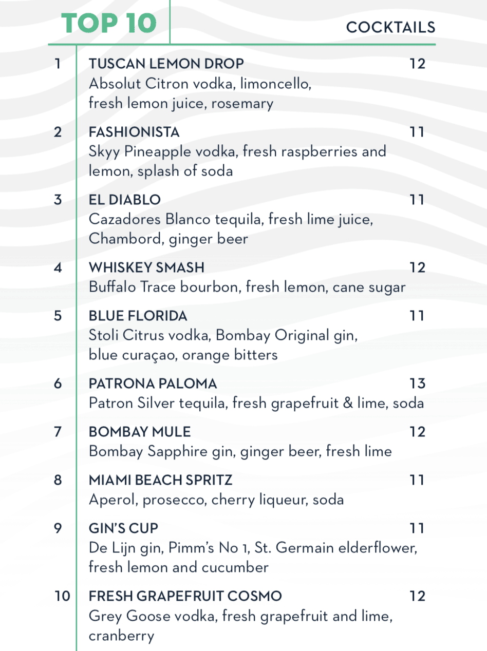 Cocktail menu from the Billboard venue