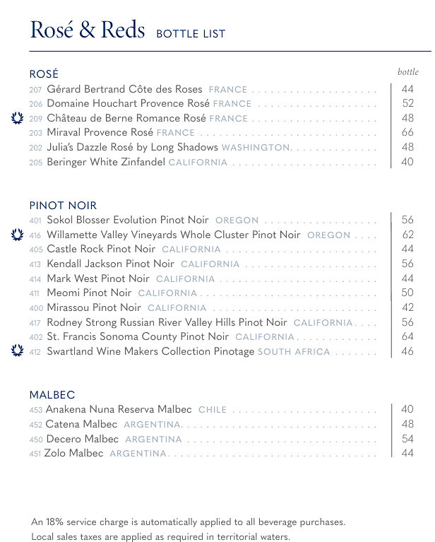 Holland America rose and red wine bottle list page 4