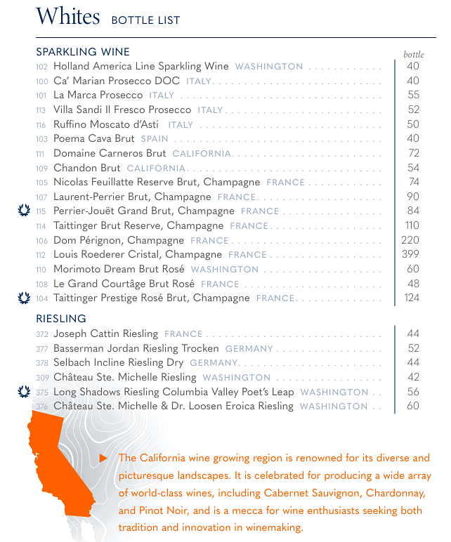 Holland America sparkling and white wine bottle list page 1