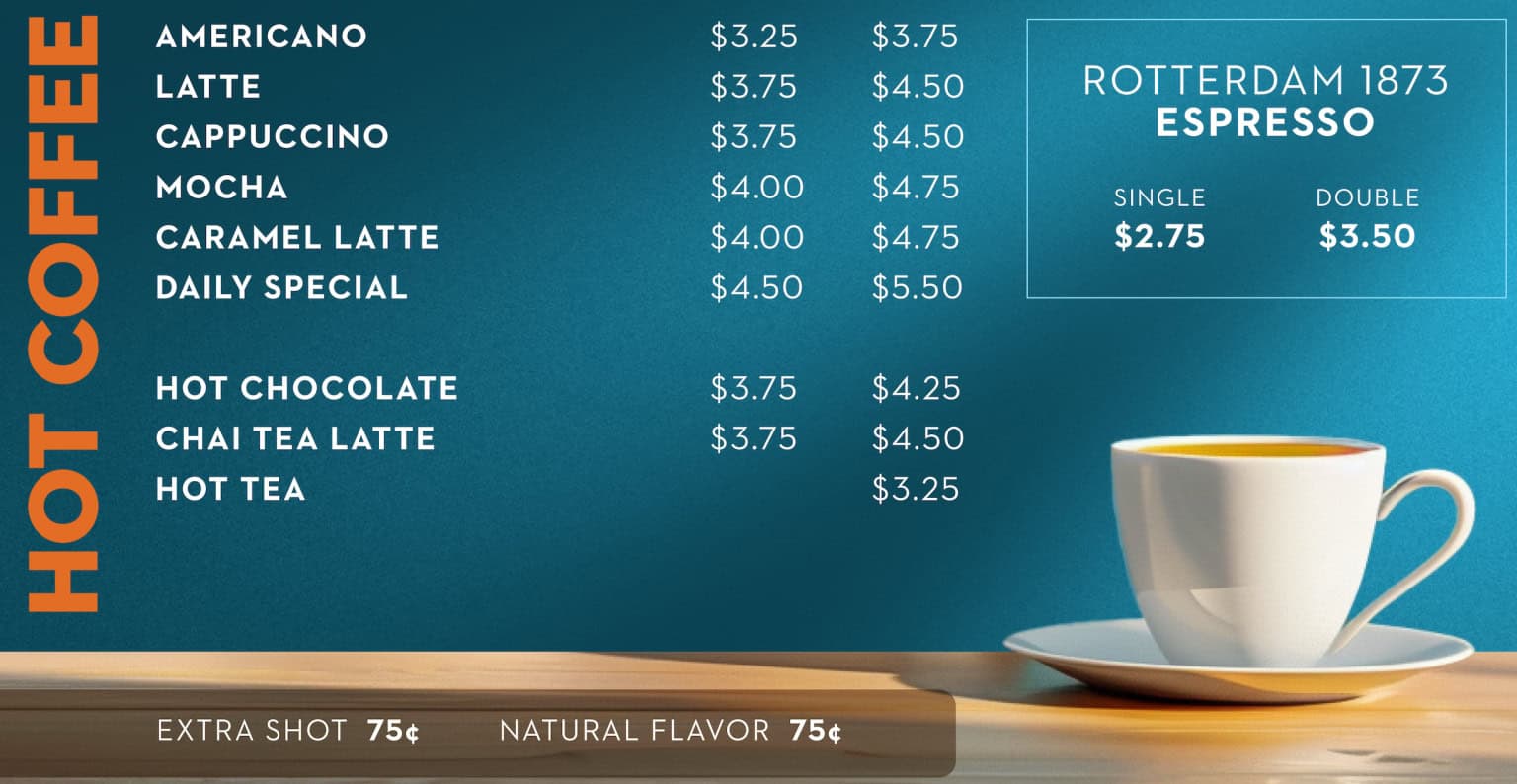 Specialty coffee and tea menu from the Grand Dutch Café