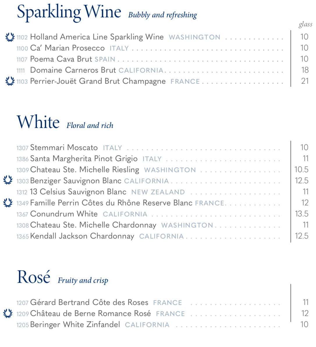 Holland America's sparkling, white and rose wines by the glass