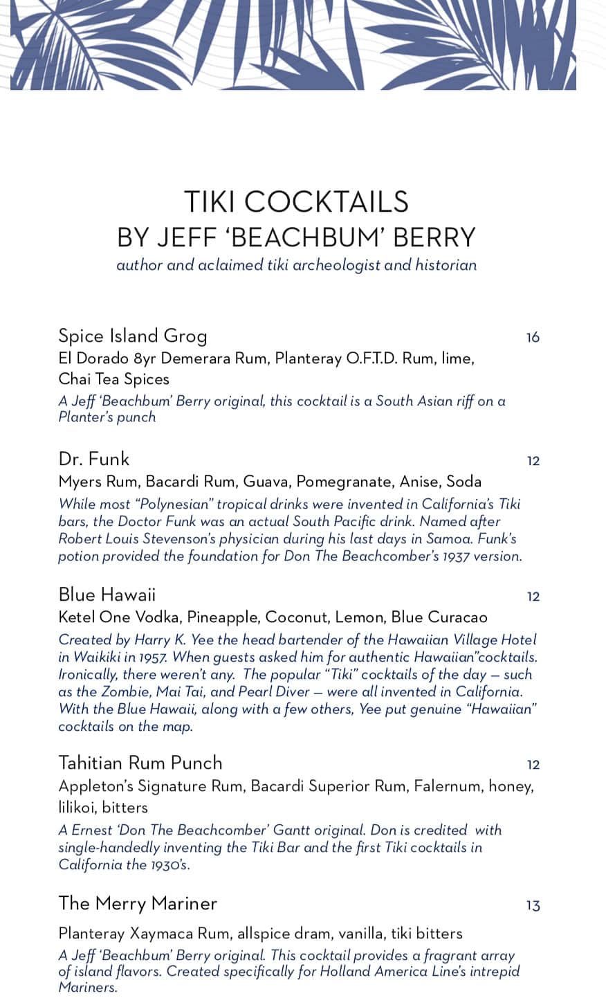 Holland America's Hawaii and South Pacific cocktail menu