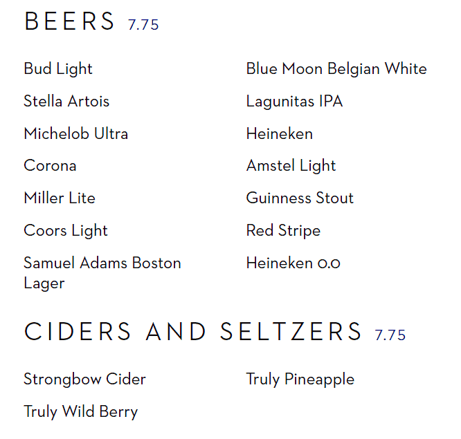 Beer and cider menu from the Ocean Bar