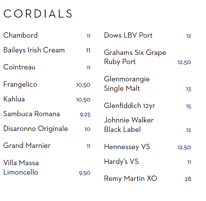 Cordials menu from the Ocean Bar
