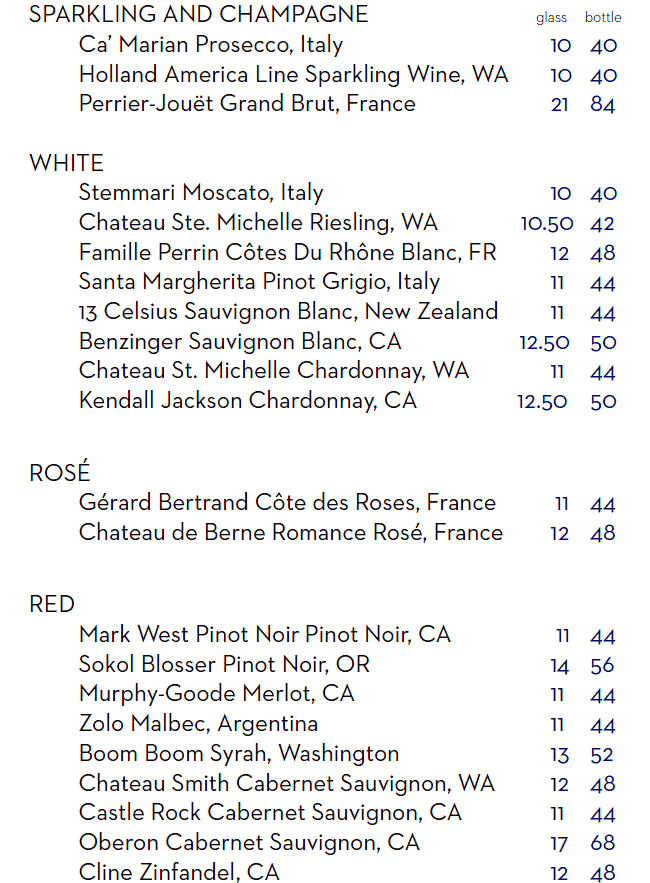 Wine menu from the Ocean Bar