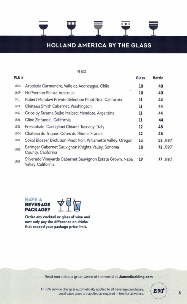 Holland America Wine Packages, Wine List and Prices