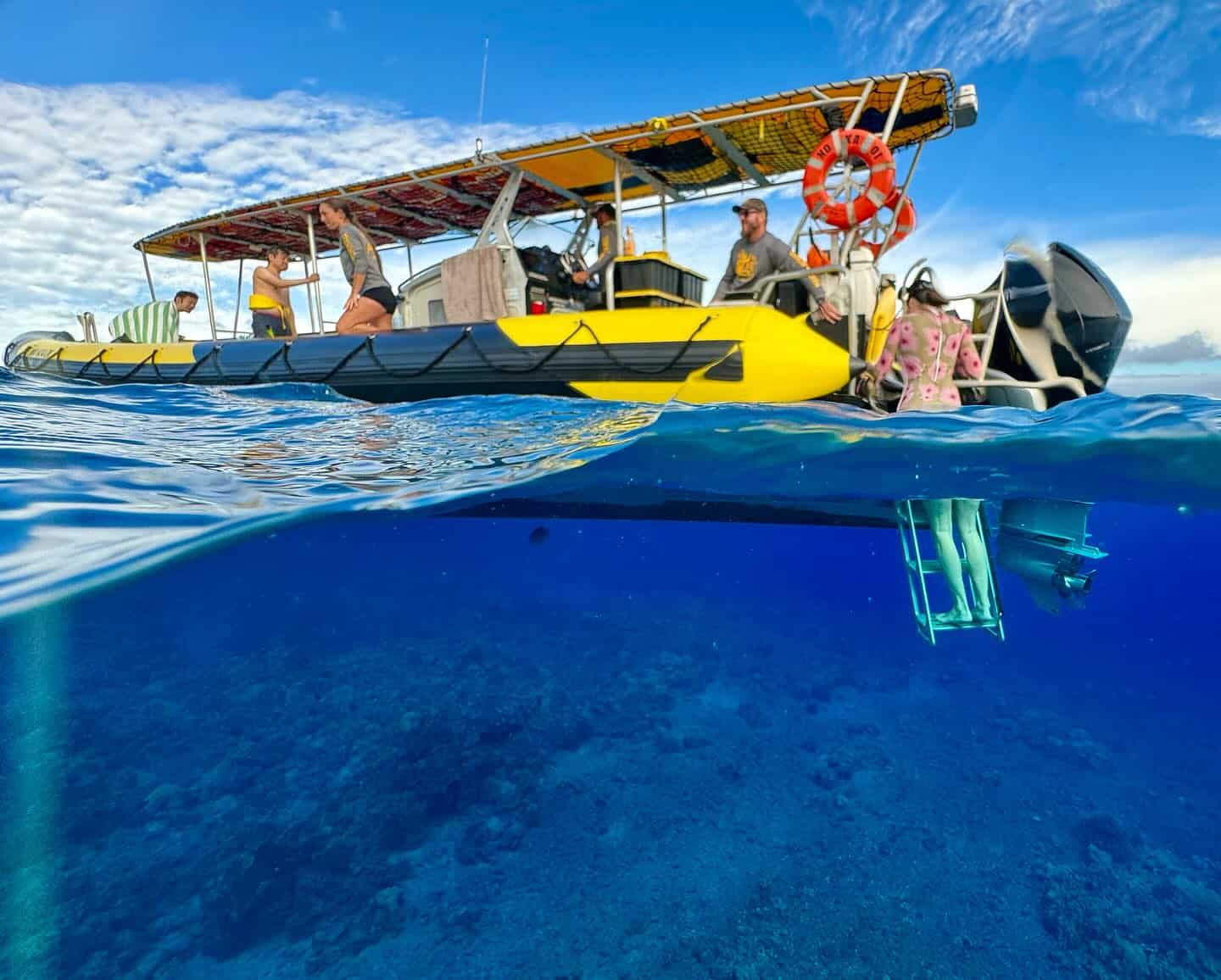 Yellow hybrid "No Ka Oi" hybrid Molokini snorkeling boat