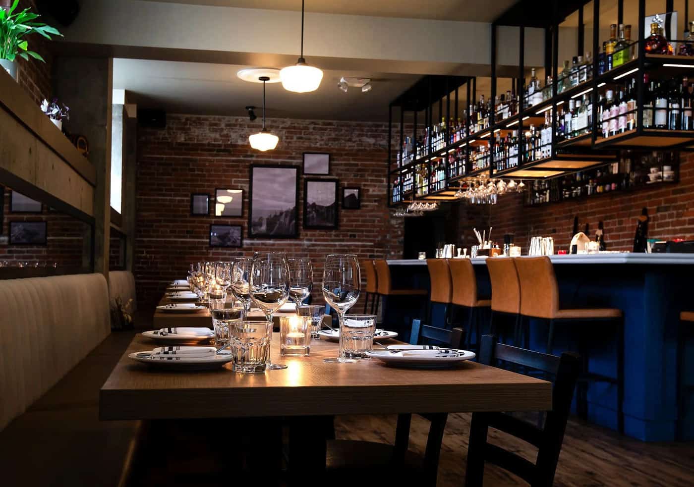 Dark brick-lined interior of Wind Cries Mary restaurant