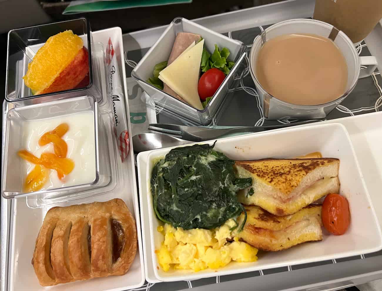 EVA Air Premium Economy breakfast of scrambled eggs, spinach and grilled cheese sandwiches