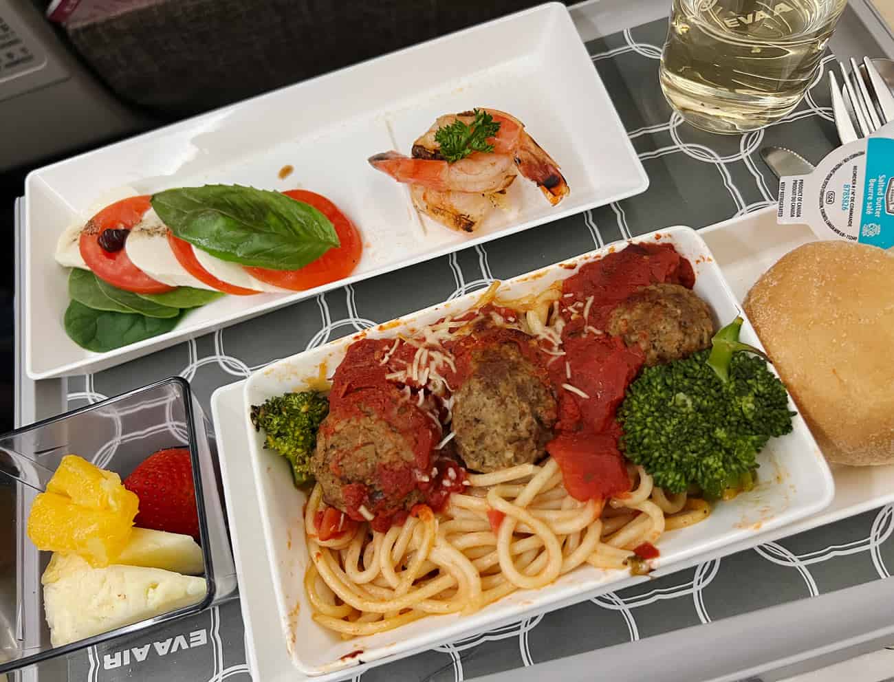 EVA Air Premium Economy meal of spaghetti and meatballs