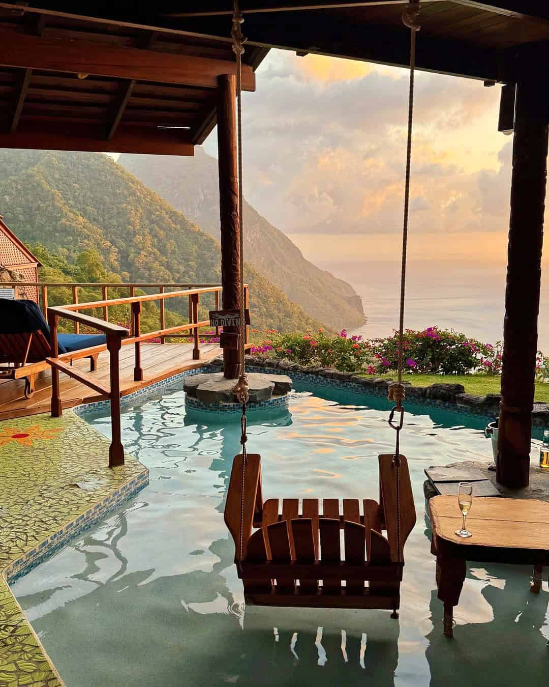 View of the Pitons and Caribbean Sea from Ladera Resort