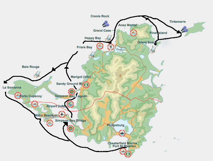 Map of Captain Bob's speedboat tour of St Maarten
